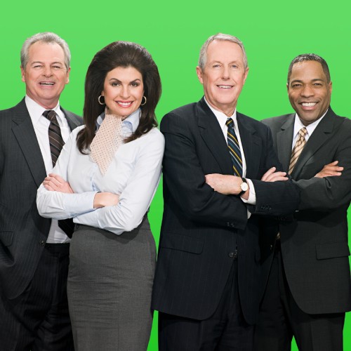 A photo of Virtual TV Studios with greenscreen and presenters.